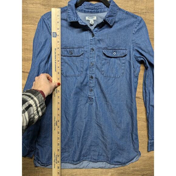 Old Navy Wmns Sz S Dark Blue Chambray Jean Long Sleeve Tunic Top Cowboy Western - Picture 6 of 7